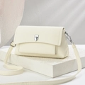 Minimalist beige pebble leather crossbody bag with square lock and adjustable strap - 23cm x 8cm x 12cm / Off White