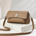 Modern brown pebbled leather square crossbody bag with silver twist lock and strap - 23cm x 8cm x 12cm / Brown