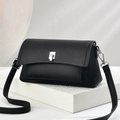 Fashionable black lychee textured leather square shoulder bag with silver hardware buckle - 23cm x 8cm x 12cm / Black