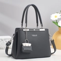 Elegant black lychee grain leather handbag for middle-aged women with silver handle - Gray