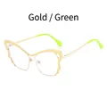 Fashionable butterfly frame glasses in gold metal with green accents and clear lenses - Gold Green