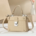 Detailed macro of beige lychee grain leather bag with silver metal buckle and handle - Khaki