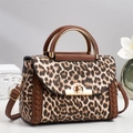 Detail of leopard print crossbody bag with gold clasp and brown leather handles - Brown