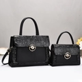 Black crocodile embossed tote bag set with crossbody bag and gold circular lock detail - Black