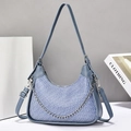 Blue jacquard crossbody bag with letter pattern, silver chain, and adjustable strap - Blue