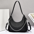 Modern black crescent hobo bag with grid texture, silver chain, and leather strap - Black