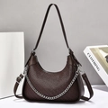 Brown geometric woven shoulder bag with silver chain and dual straps for women - Coffee