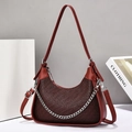 Fashionable burgundy crescent underarm bag with chic metal chain and textured grid pattern - Red