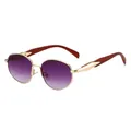 Retro round sunglasses with gold metal frame, wood grain temples and gradient grey lenses - Gold Frame Wood Temples Gradient Grey Lenses