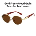 Retro round metal sunglasses with gold frame, wood grain temples and tea lenses - Gold Frame Wood Temples Tea Lenses