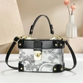 Elegant white paisley print box bag with black leather trim and gold metal clasp - Black