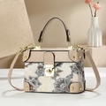 Elegant beige floral hand bag with vintage metallic clasp and detachable shoulder strap - Khaki