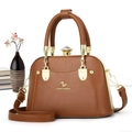 Deep brown PU leather tote bag with crystal knob and gold hardware on white background - Khaki/Earth Yellow