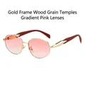 Vintage round sunglasses with gold metal frame, wood grain temples and gradient pink lenses - Gold Frame Wood Temples Gradient Pink Lenses