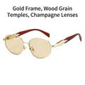 Retro round sunglasses with gold metal frame, wood grain temples and champagne lenses - Gold Frame Wood Temples Champagne Lenses