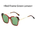 Retro square oversized sunglasses with red tortoiseshell frames and light green lenses - Red Frame Green Lens
