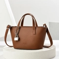 Brown litchi leather tote bag with silver lock charm and detachable shoulder strap - Brown