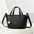Chic black lychee grain leather tote bag with silver lock charm and long shoulder strap - Black