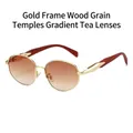 Retro round sunglasses with gold metal frame, wood grain temples and gradient brown lenses - Gold Frame Wood Temples Gradient Tea Lenses