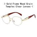 Retro round sunglasses featuring a gold metal frame with wood grain temples and clear lenses - Gold Frame Wood Temples Clear Lenses