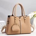 Elegant beige vertical striped tote bag with top handles and detachable shoulder strap - Khaki