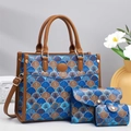 3-piece tote bag set with geometric fan patterns, leather handles and shoulder strap - Blue