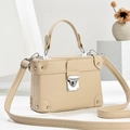Elegant beige textured box handbag with silver hardware and top handle for women - Khaki