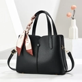 Chic black litchi pattern leather handbag with silk scarf and adjustable shoulder strap - Black