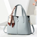 Elegant light blue lychee pattern leather handbag with decorative floral silk scarf - Blue