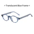 Occhiali rotondi retrò TR90 con montatura blu trasparente e anima in metallo inciso - Blu Trasparente