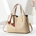 Elegant beige lychee grain leather handbag with decorative silk scarf and shoulder strap - Khaki