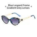 Blue leopard cat eye sunglasses with gradient grey lenses and hollow gold metal temples - Blue Leopard Frame Gradient Grey Lens