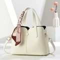 Elegant cream white lychee leather handbag with decorative scarf and shoulder strap - Off White