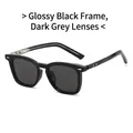 Fashionable square frame sunglasses in glossy black with grey lenses and silver metal core - Glossy Black Frame Grey Lens