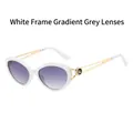 Cat eye sunglasses with white frames, gradient grey lenses and gold metal hollow temples - White Frame Gradient Grey Lens