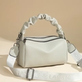 Chic beige lychee leather crossbody bag with cloud pleated handle and woven logo strap - Beige