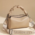 Khaki crossbody bag with lychee grain leather, cloud handle, and lettered strap - Khaki