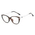 Fashionable tortoise shell cat-eye glasses with silver wavy metal temples and clear lenses - Tortoiseshell Frame
