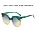 Cat eye sunglasses with green quilted texture and orange frame plus gradient lenses - Green Yellow Frame Blue Yellow Lenses