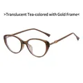 Montatura cat eye in resina marrone tè trasparente con eleganti stine in metallo oro - Montatura Tè Trasparente Oro