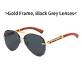 Gafas de sol aviador sin montura con marco dorado y patillas en grano de madera - Montura Dorada Negro Gris