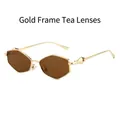 Modieuze zonnebril met goudkleurig montuur, bruine zeshoekige glazen en metalen poten - Gouden Frame Thee Lens