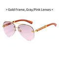Gafas de sol aviador sin montura con marco dorado, patillas de madera y lentes gris rosa - Marco Dorado Lentes Gris Rosa