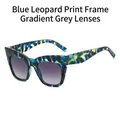 Square sunglasses with blue leopard pattern frame and gradient gray lenses for UV protection - Blue Leopard Frame Gradient Grey Lens