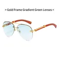 Frameless pilot sunglasses with gold double bridge and wood grain temples - Gold Frame Gradient Green Lens
