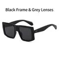 Retro square oversized sunglasses featuring a black frame with dark grey lenses - Black Frame Black Grey Lens