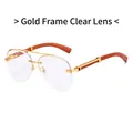 Frameless pilot sunglasses with gold metal bridge and red-brown wood grain temples - Gold Frame White Lens