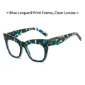 Square sunglasses in blue leopard print frame with clear lenses for a trendy look - Blue Leopard Frame White Lens