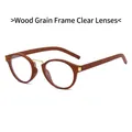 Retro small round aviator sunglasses with dark brown wood grain frame and gold metal bridge - Grain Frame Clear Lenses