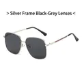 2025 large frame silver metal sunglasses with dark grey lenses and striped temple - Silver Frame Black Grey Lens